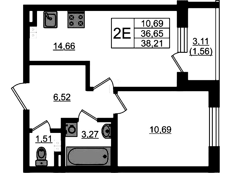 1-комнатная квартира 38.21 м², 3/4 эт., ЖК «Новая история»